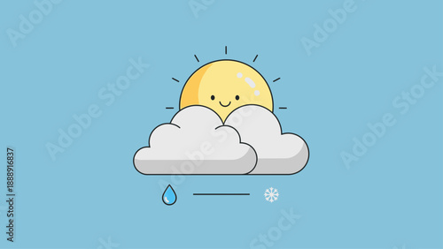 Cute smiling sun peeking from behind a cloud with raindrops on blue background.