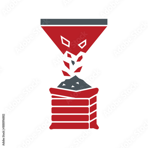 Grain Filling Icon. Funnel or Hopper Pouring Bulk Material into a Red Harvest Sack Bag. Agriculture, Farming, and Packaging Symbol.