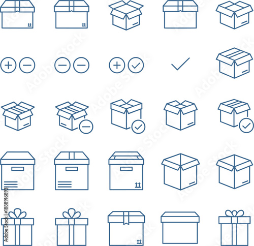 Professional vector icons for packaging shipping delivery logistics and e-commerce warehouse inventory management.