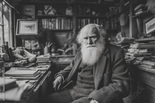 Authentic black and white portrait of Charles Robert Darwin, famous biologist in his workspace