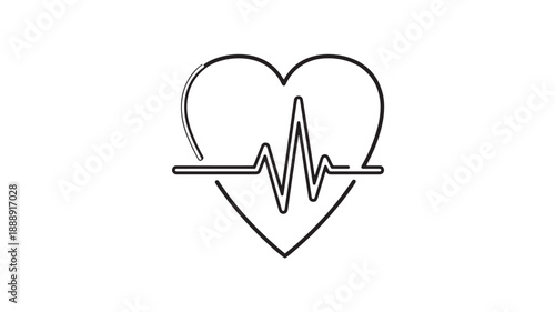 A simple black line drawing depicts a heart shape integrating an electrocardiogram pulse waveform high quality professional