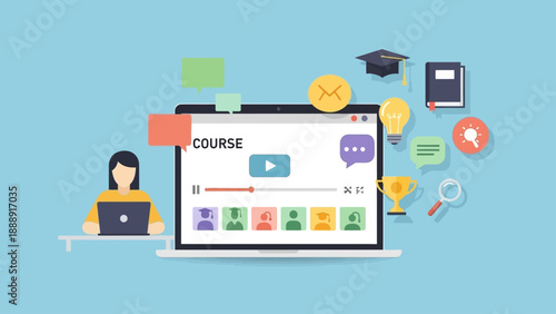 Online education concept with woman studying on laptop and digital learning icons.