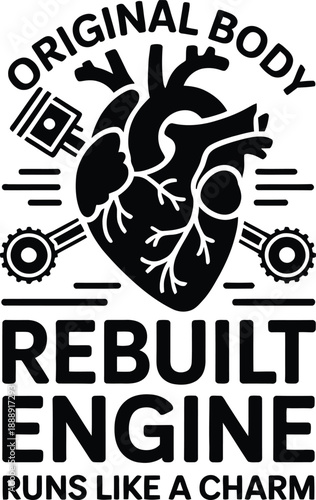 Black heart with engine parts and text mechanical body