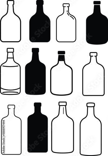 Twelve bottle outlines and solid shapes bottles container