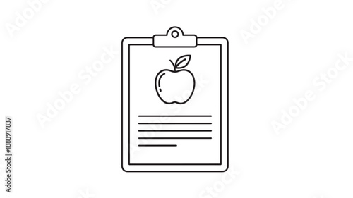 A simple green line drawing depicts a clipboard with an apple illustration on its surface high quality