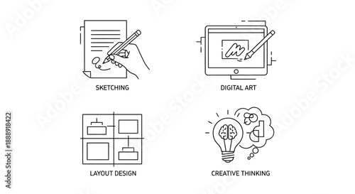 Set ikon garis luar yang dapat diedit terkait seni, kreativitas, dan desain grafis, terisolasi pada latar belakang putih, ilustrasi vektor datar. Sempurna secara piksel