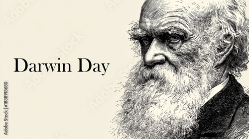 Vintage scientific portrait of Charles Darwin celebrating Darwin Day with focus on his features and distinguishing beard