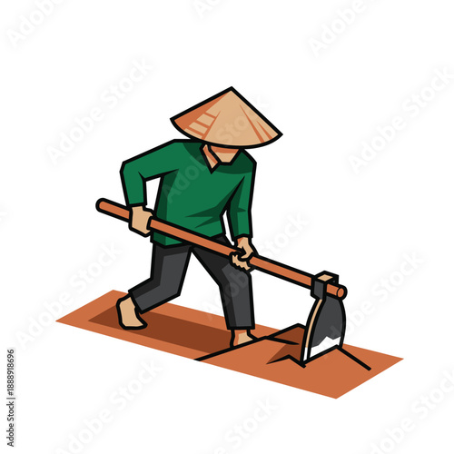 Asian Farmer Working the Land with a Hoe, Wearing a Conical Straw Hat (Nón Lá). Agriculture and Manual Labor Vector Illustration.