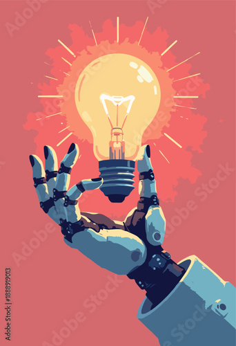 robotic hand holding lightbulb Innovation Flat