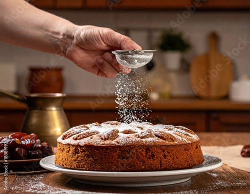 Close up of a hand dusting powdered sugar onto a freshly baked date cake with dried dates on the side in a rustic kitchen setting