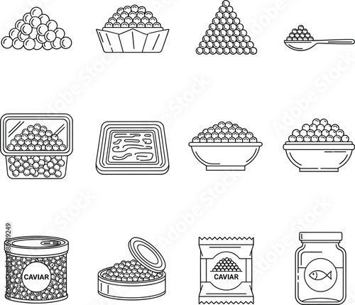 Professional vector icons for gourmet caviar seafood delicacies and premium food retail packaging branding.