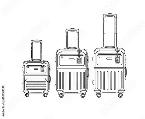 Illustration of three wheeled suitcases in small, medium, and large sizes. Each has an extended handle, a luggage tag, and lined designs.