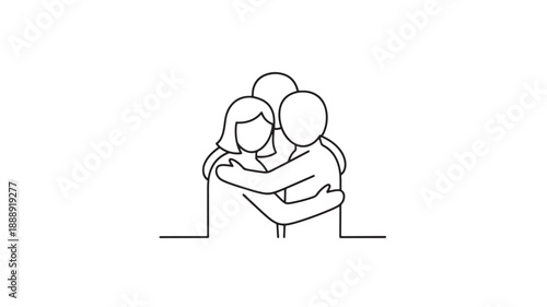 A simple line drawing depicts a group of three people embracing in a warm comforting hug
