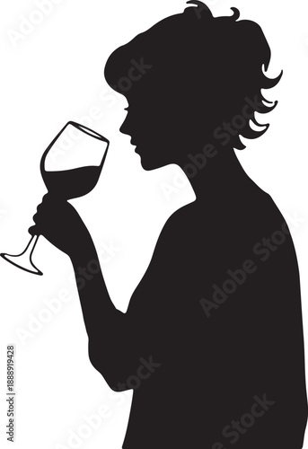 Black silhouette of a woman sniffing wine in a glass, isolated on white.
