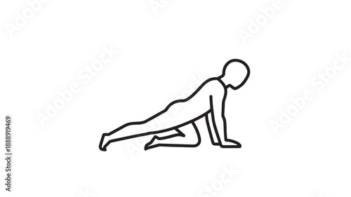 A simple black and white line drawing depicts a person performing a push up exercise high quality