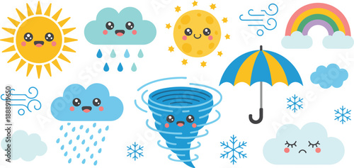 Cute Kawaii Weather Vector Set  Smiling Sun, Clouds, and Rainbow Icons