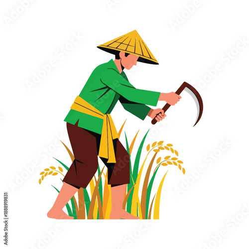 Traditional Asian Farmer Harvesting Rice with Sickle. Flat Vector Illustration of Agricultural Worker in Conical Hat, Isolated.