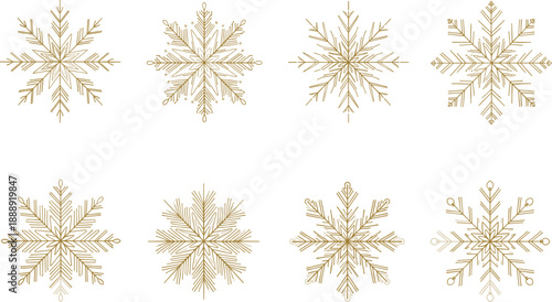 Professional vector icons of decorative gold snowflakes for seasonal winter holidays and elegant festive branding.