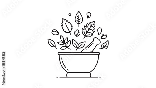 A colorful illustration depicts a mortar and pestle surrounded by various green leaves and seeds high quality