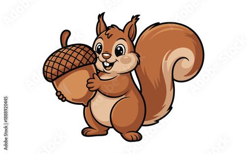 A happy cartoon squirrel holding a giant acorn, perfect for autumn or forest themes