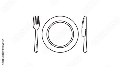 A simple line drawing depicts a plate with a fork and knife representing dining or mealtime