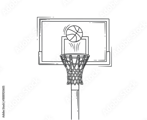 Line drawing of a basketball going through a hoop with a backboard. The dynamic lines convey motion and capture a decisive scoring moment.