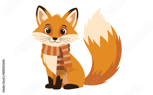 A charming cartoon fox wearing a striped scarf, sitting patiently with a bushy tail