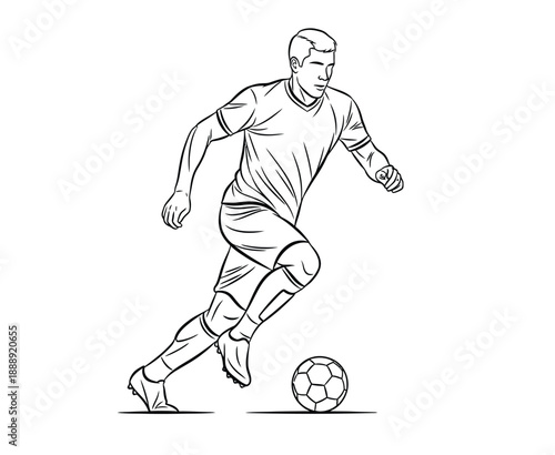 Black-and-white line drawing of a soccer player running and dribbling a ball. The player wears a jersey and shorts, conveying movement and agility.