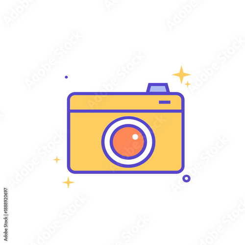 Flat line illustration of camera icon representing photography, photo capture, creative media, and digital content creation.