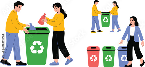 Recycling and Waste Sorting Vector Set  People Practicing Eco-Friendly Habits