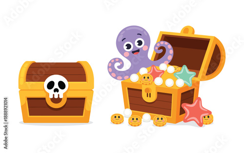 Cartoon treasure chest overflowing with sea treasures like octopus, starfish, and pearls