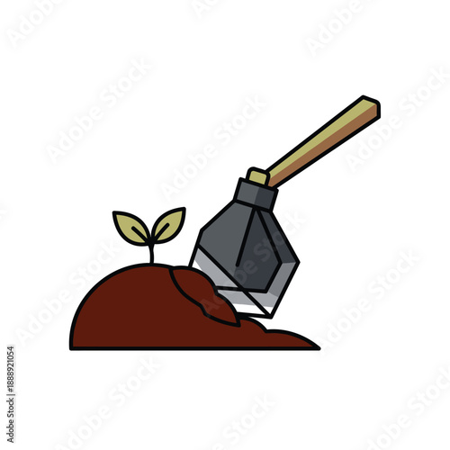Gardening and Planting Icon: Hand Hoe Tool Working Soil Next to a Green Sprout Illustration on White Background