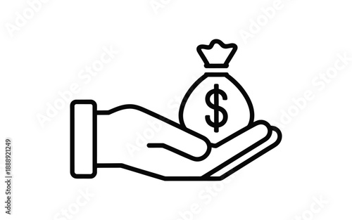 Hand holding a money bag icon, representing financial success and wealth, clean line art illustration.