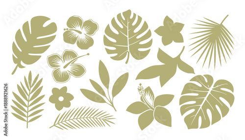 Gold Tropical Leaf and Flower Set with Hibiscus Blooms and Exotic Monstera Foliage