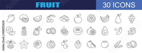 collection of fruit icons. Contains apples, oranges, watermelons, cherries, peaches, strawberries, pineapples, grapes, and more. With editable stroke.