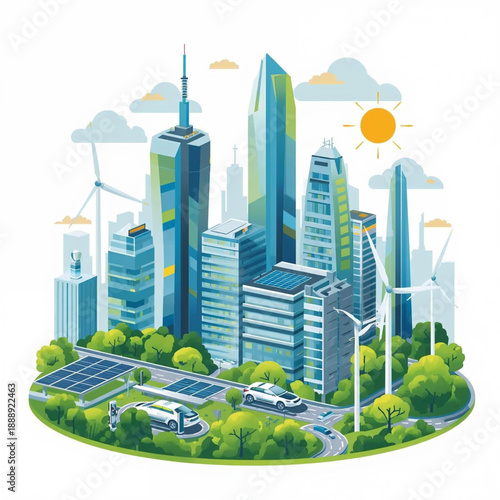 Futuristic eco-friendly smart city with green energy and skyscrapers flat vector illustration