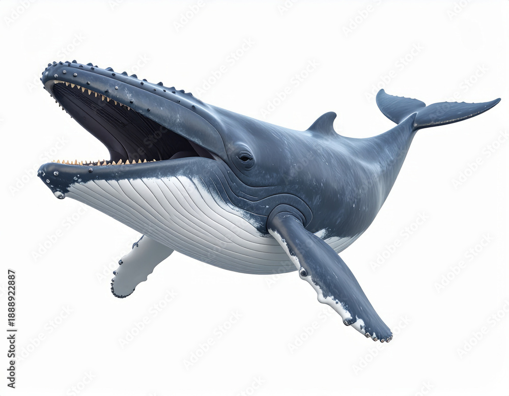 Fototapeta premium Swimming Whale, Giant Marine Mammal over White Background