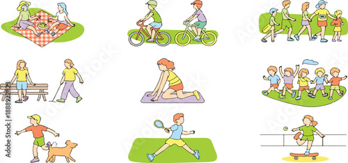 Outdoor Lifestyle Activities Vector Set  Cycling, Walking, Yoga, and Running