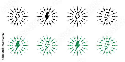 Vector wireless charging symbol icons, flat black recharge sign representing electric power, smartphone charging concept, clean modern technology illustration.