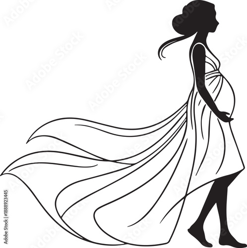 Maternity Silhouette: Elegant Woman Walking in Flowing Dress Illustration
