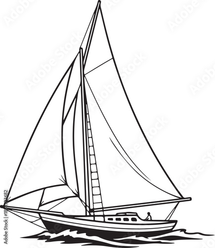 Vintage Sailboat Yacht Line Art Drawing on Ocean Waves Nautical Icon