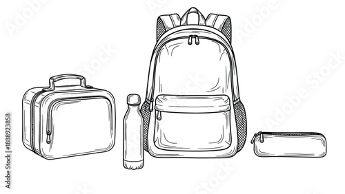 Line drawing of a backpack, lunchbox, water bottle, and pencil case arranged in a row. The style is simple and clean, conveying an organized feel.