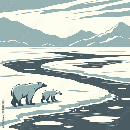 Arctic bay landscape with ice sheets, flat vector design, cold, winter, polar, frozen, minimalist, blue and white palette, clean.