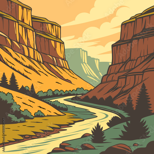 Canyon river landscape with stylized rock formations, dramatic, arid, adventure, vector art, natural wonder, earth tones, exploration.