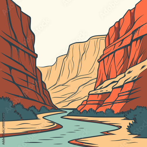 Canyon river landscape with stylized rock formations, flat vector design, dramatic, arid environment, natural beauty, earth colors, adventure theme.