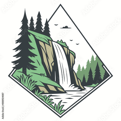 Cliff waterfall landscape, flat vector art, majestic natural scene, cascading water, rocky cliffs, powerful, scenic view, dynamic.