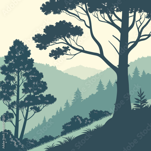 Deep forest landscape shrouded in ethereal mist layers, with simplified, clean lines, evoking a mysterious and tranquil mood.