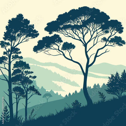 Deep forest landscape shrouded in ethereal mist layers, with simplified, clean lines, creating a mysterious and tranquil atmosphere.