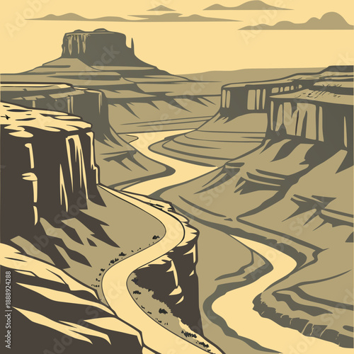 Abstract desert canyon top view landscape, created with clean, geometric forms and a bold color scheme for a contemporary look.