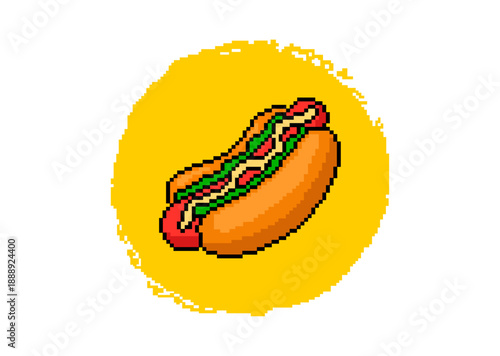 A pixel art hot dog topped with relish and mustard, set against a vibrant yellow, textured circular background.